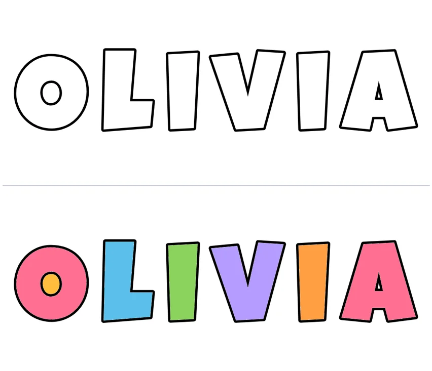 The name Olivia in big bubble letters, as outlines and colored in