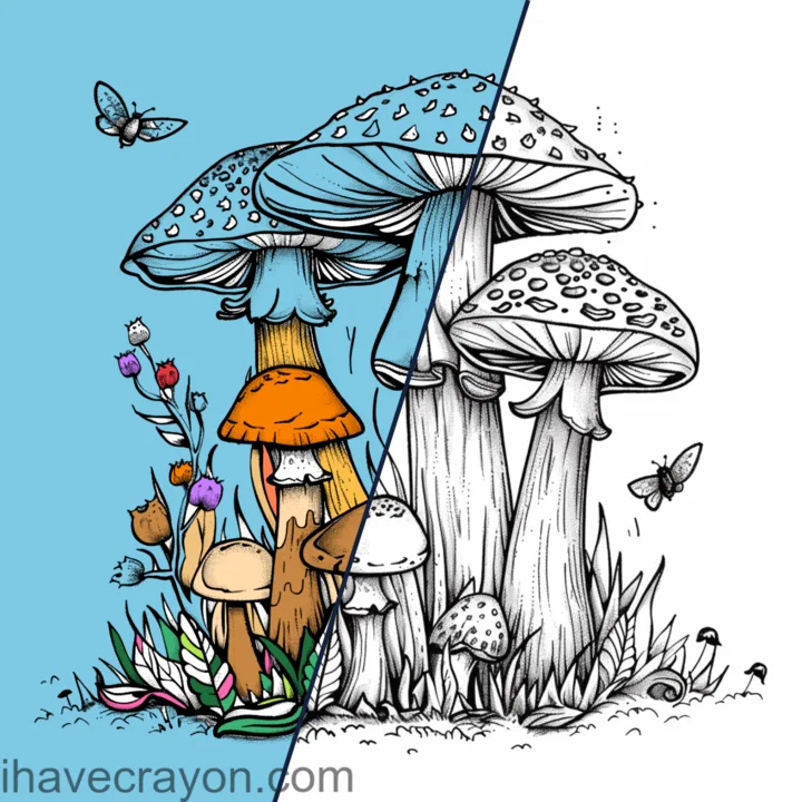 A photo of mushrooms turned into black outlines, half colored in