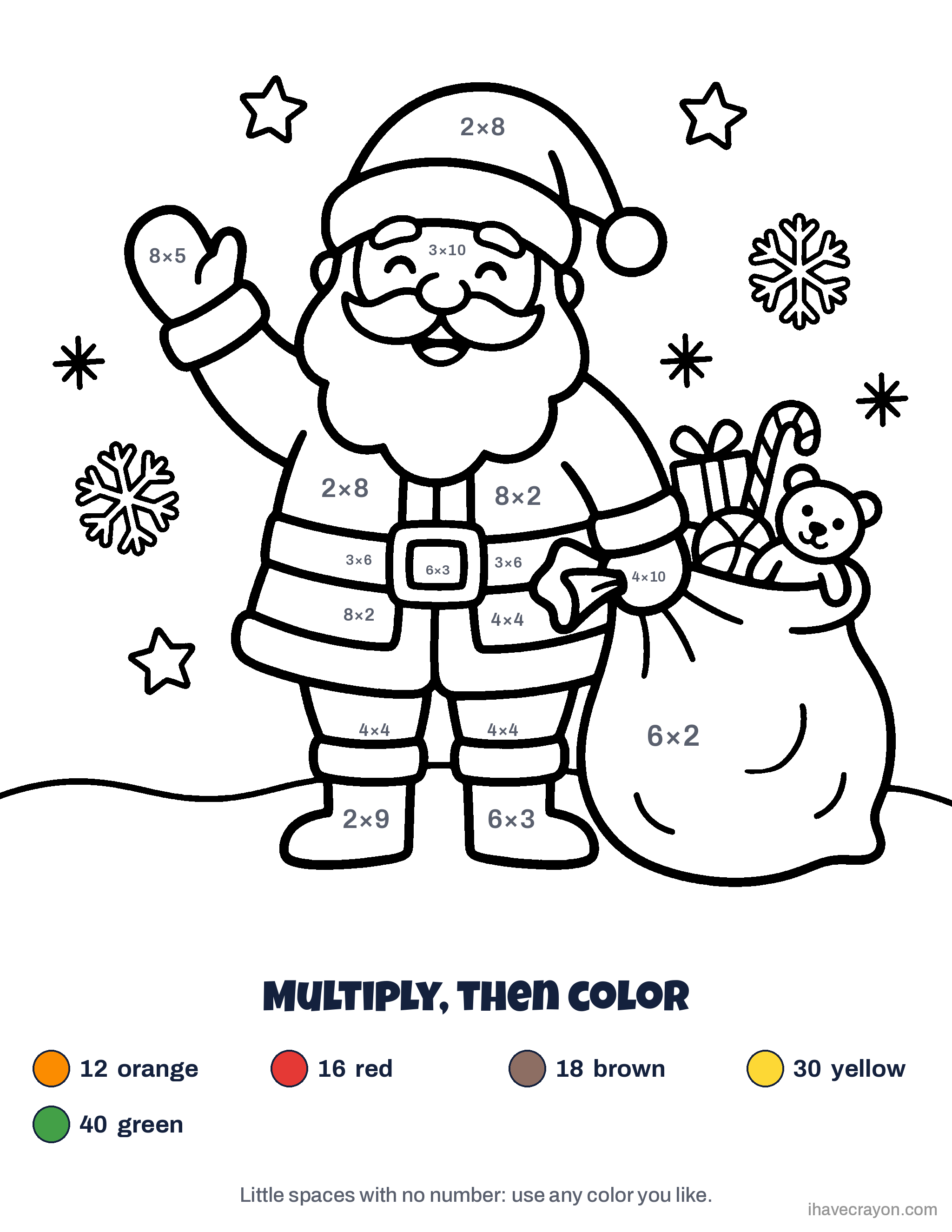 Christmas Math Color by Number, sheet 1