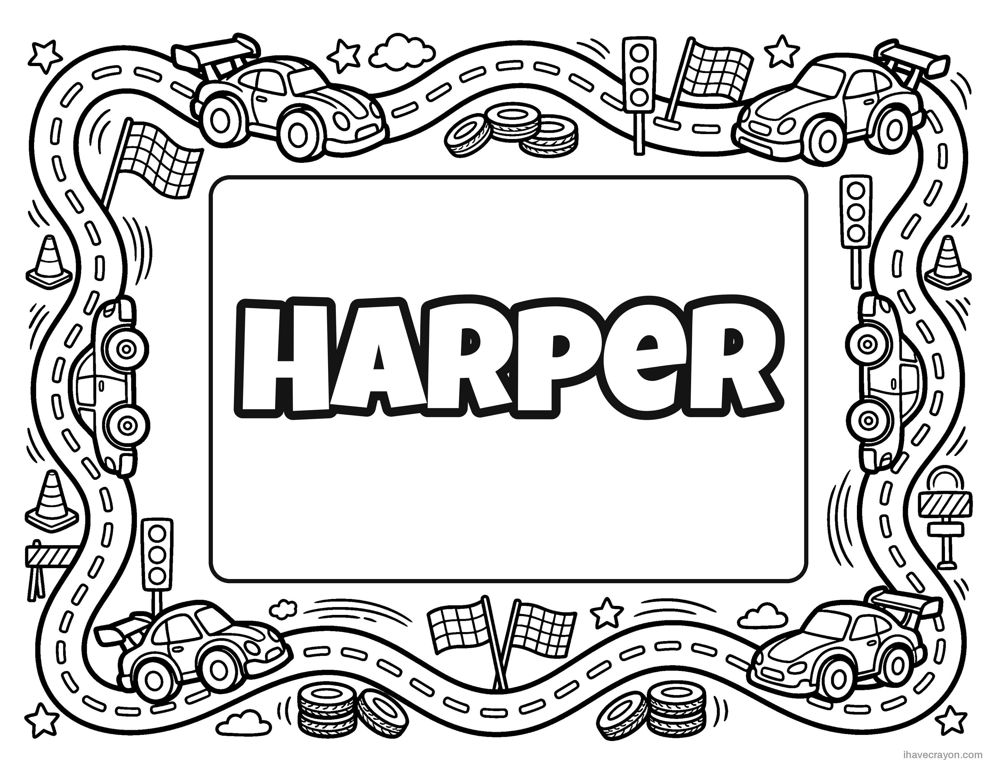 Harper in bubble letters, cars frame