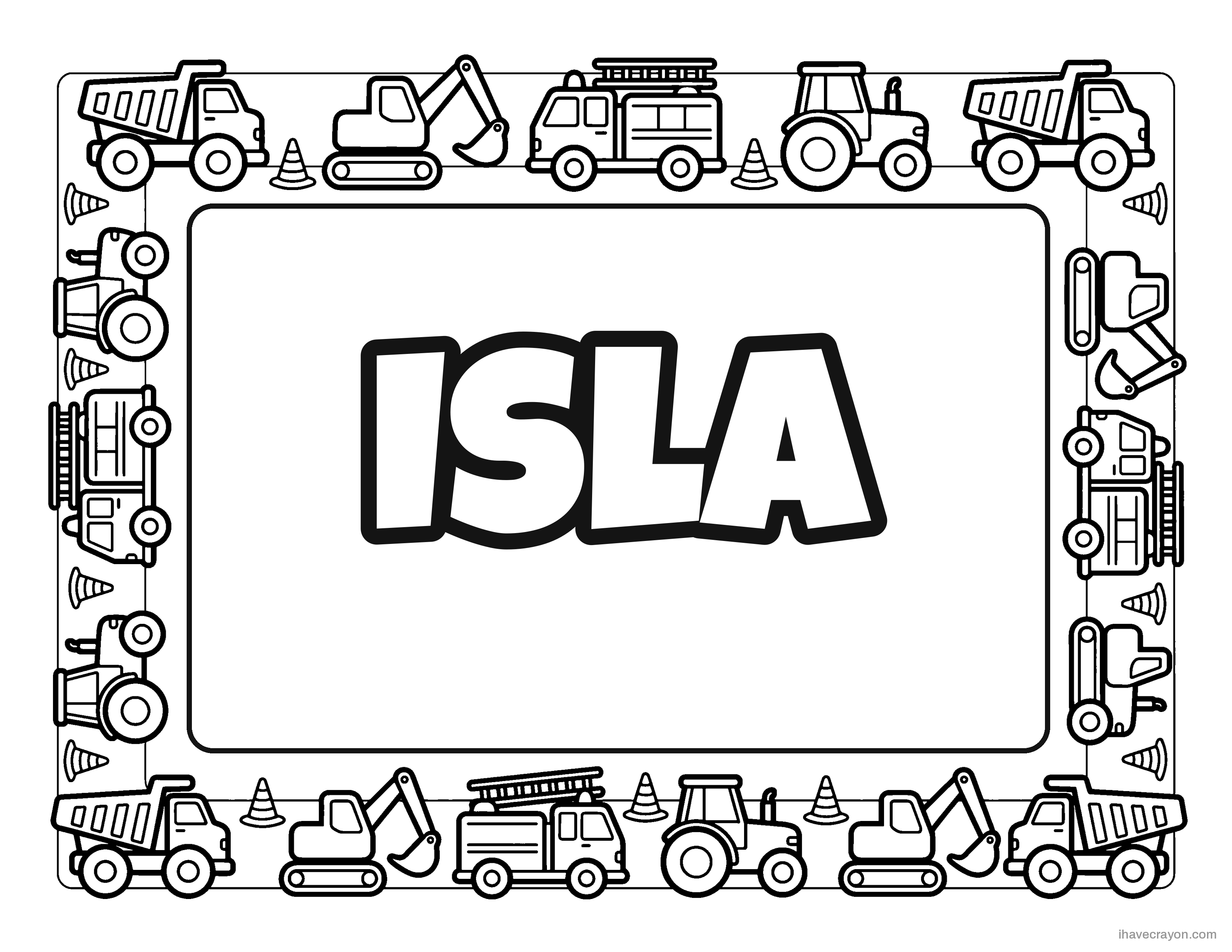 Isla in bubble letters, trucks frame