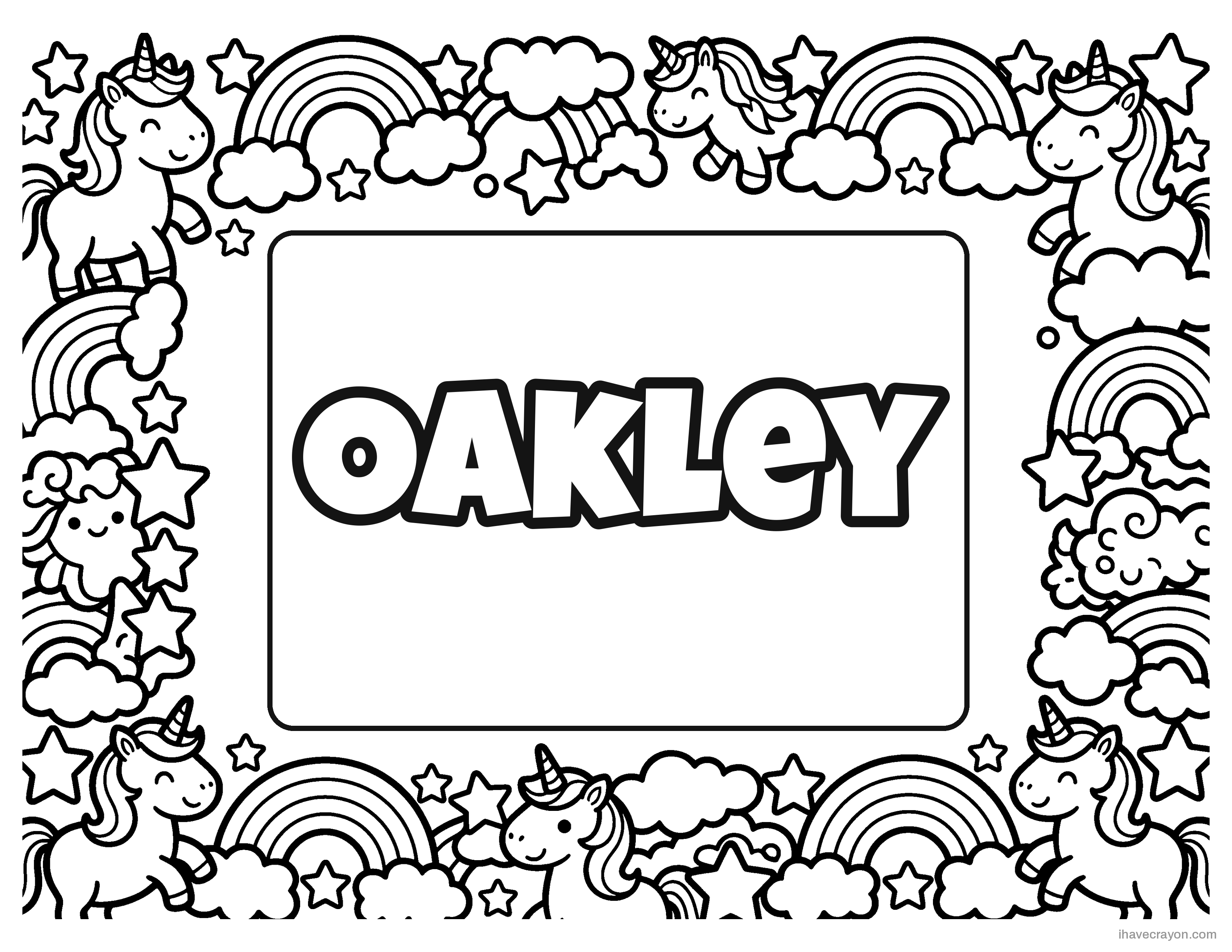 Oakley in bubble letters, unicorns frame
