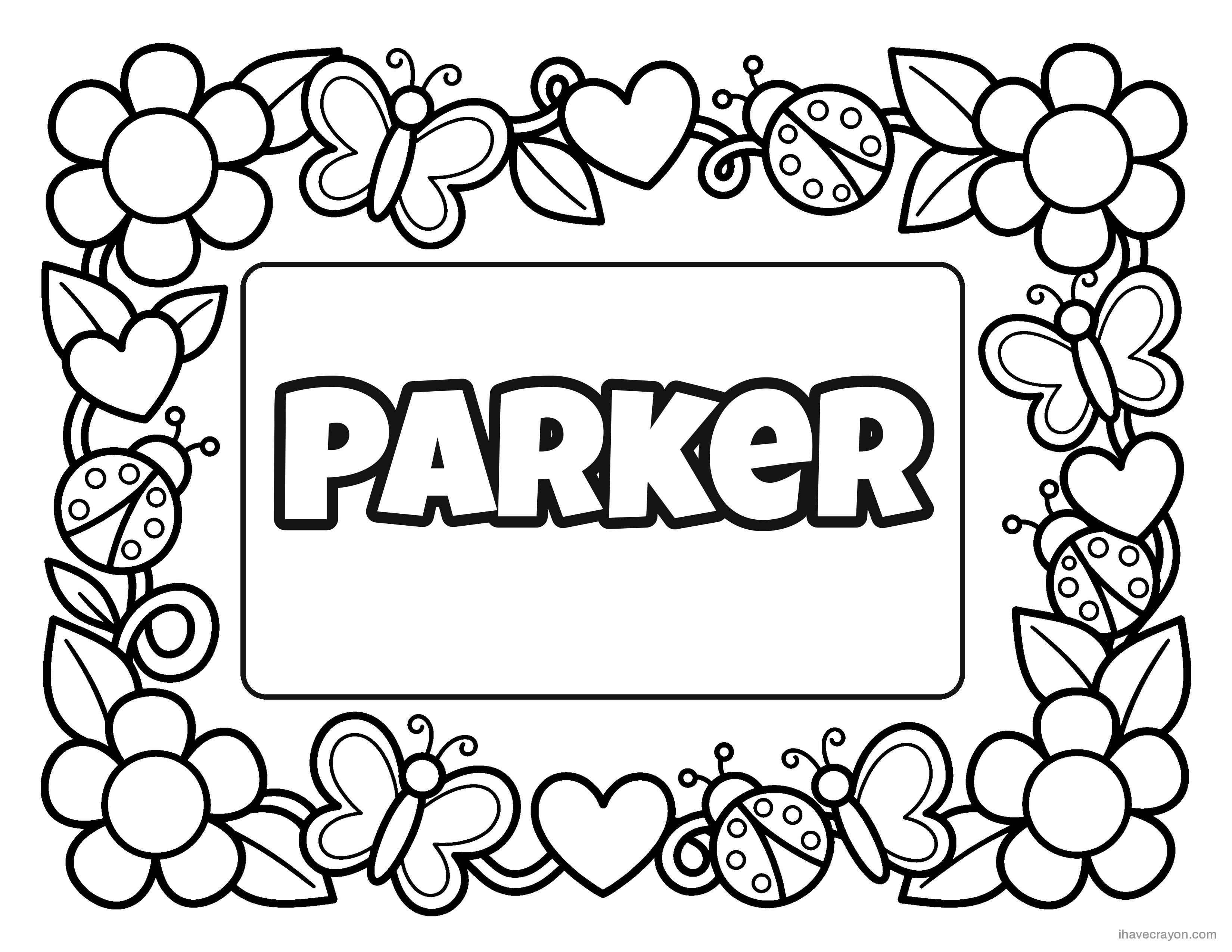 Parker in bubble letters, flowers frame