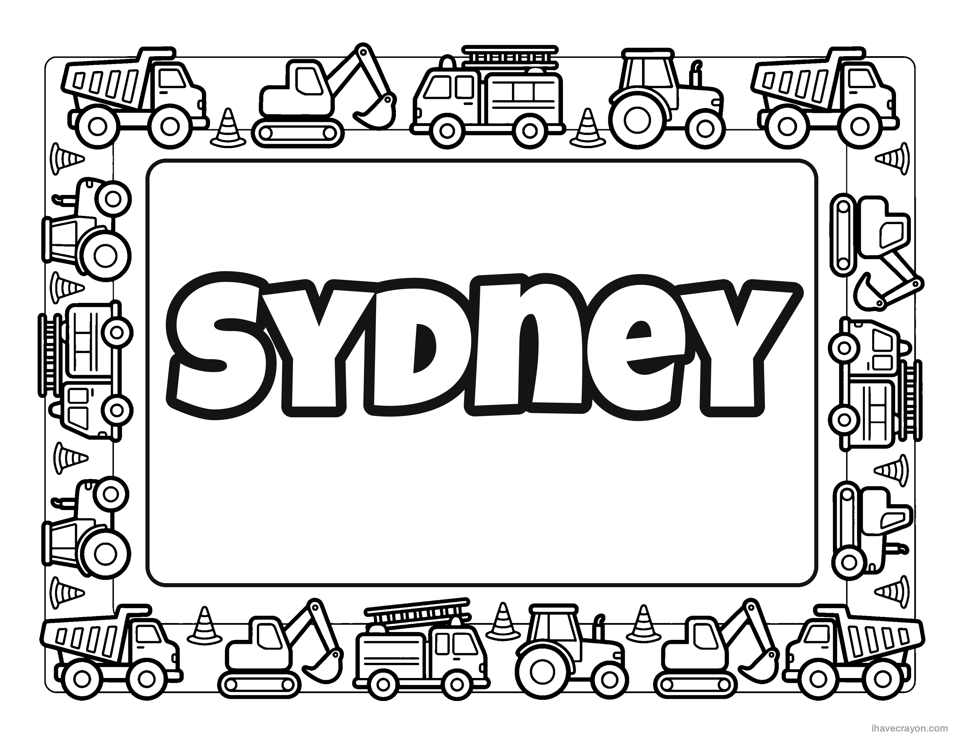 Sydney in bubble letters, trucks frame