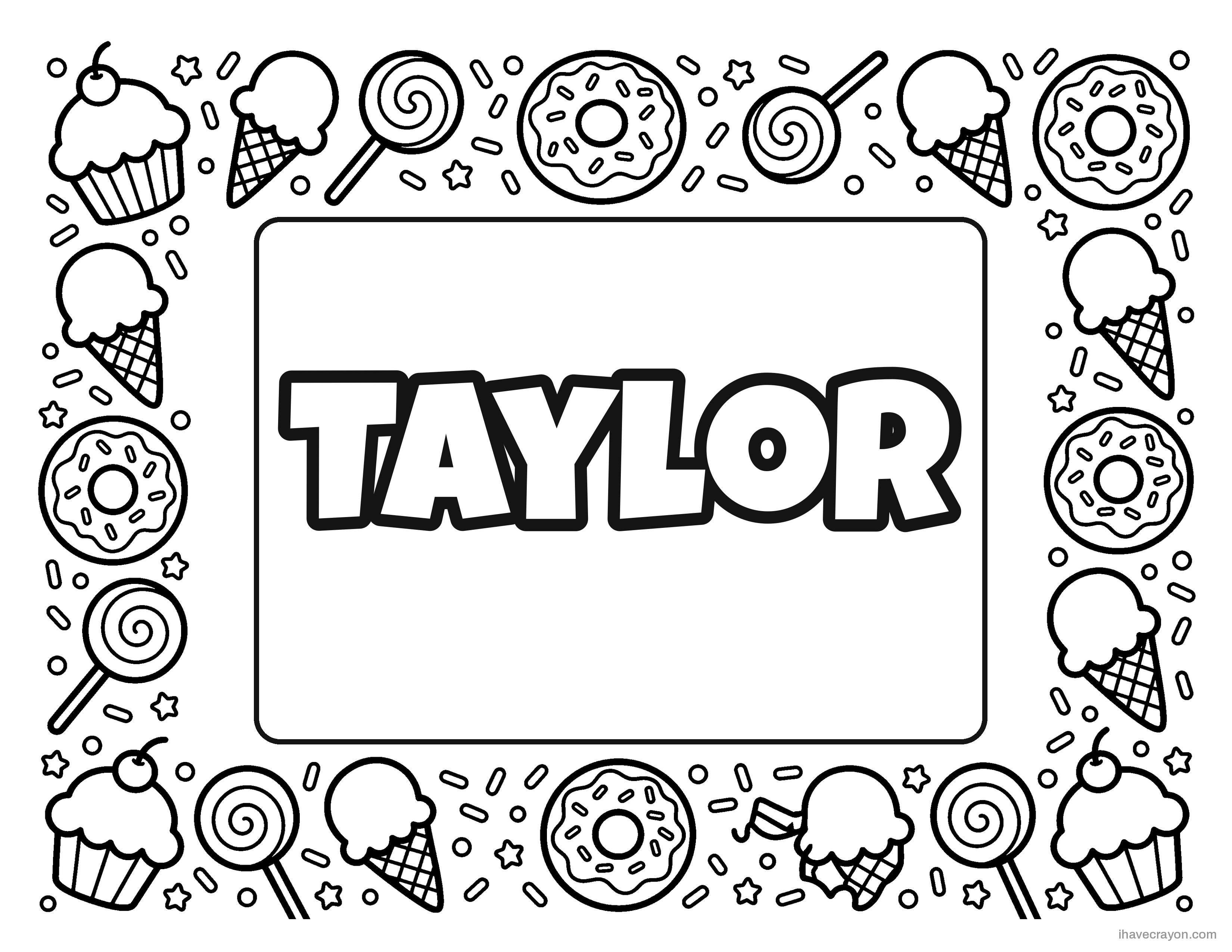 Taylor in bubble letters, sweets frame