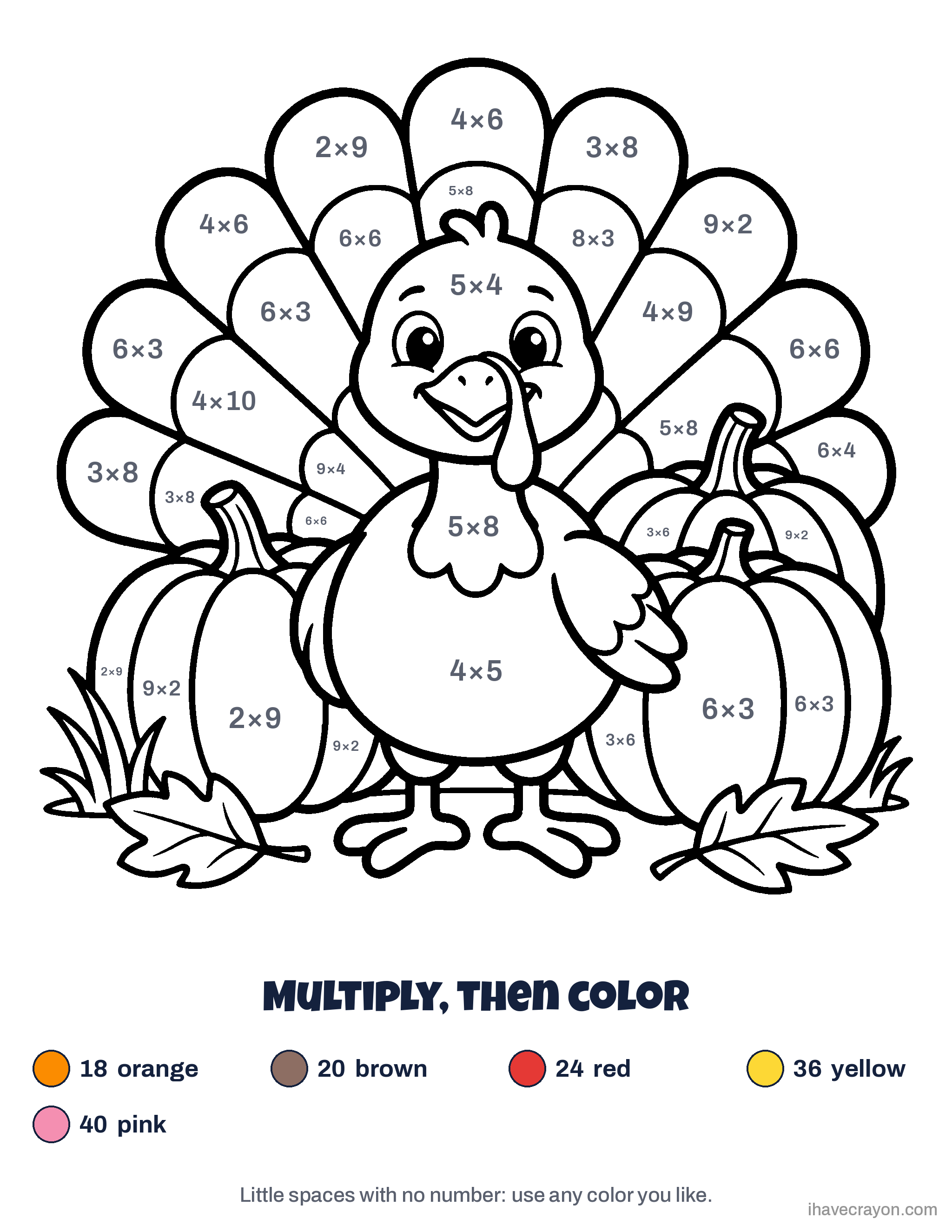 Thanksgiving Math Color by Number, sheet 1