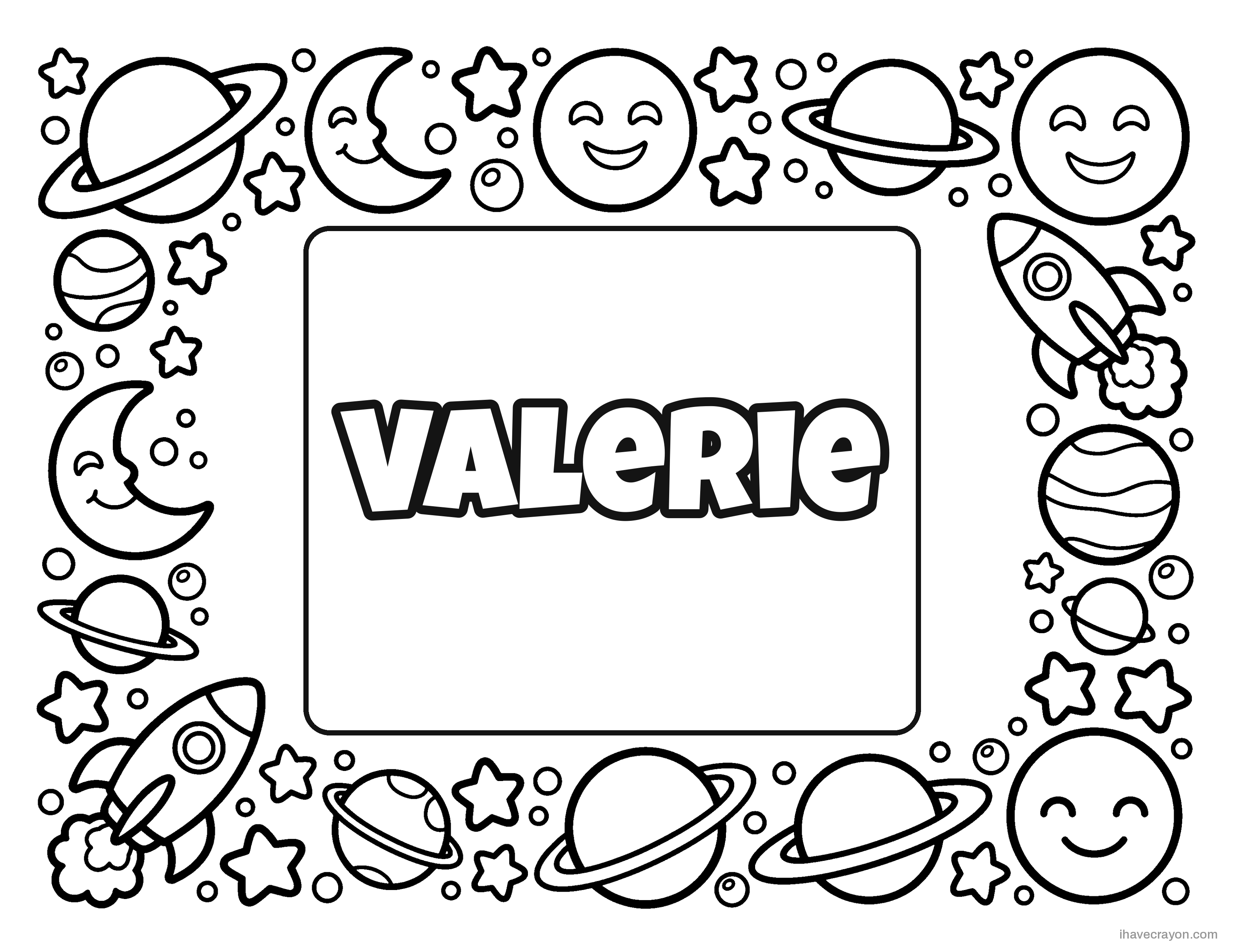 Valerie in bubble letters, space frame