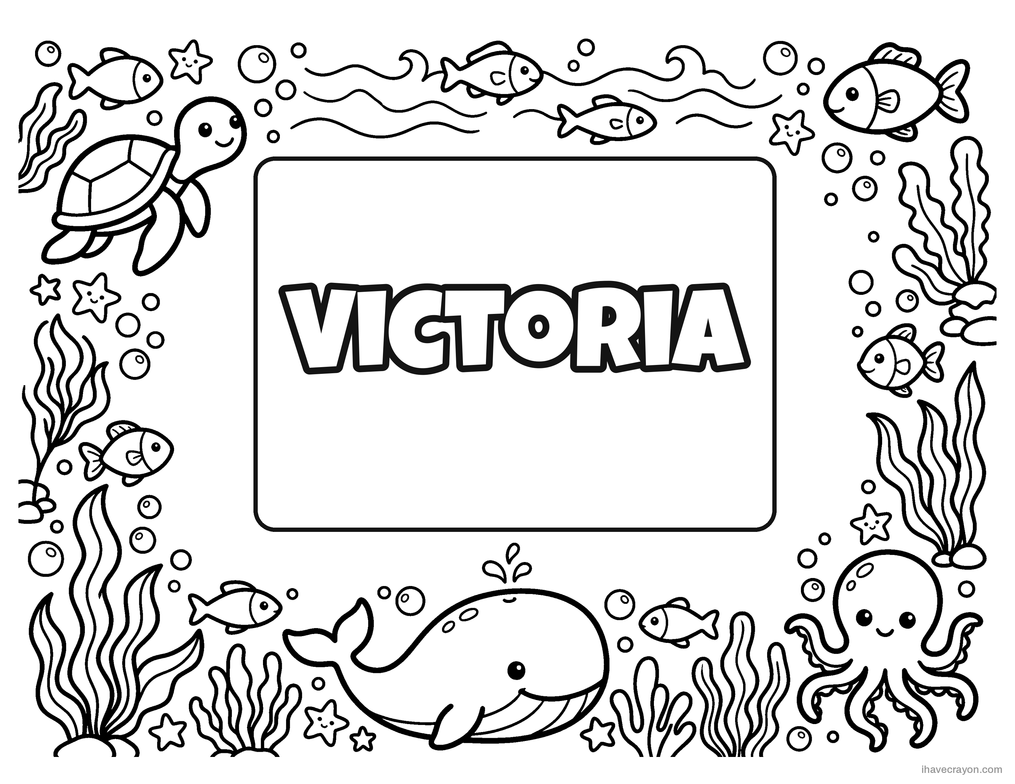 Victoria in bubble letters, ocean frame